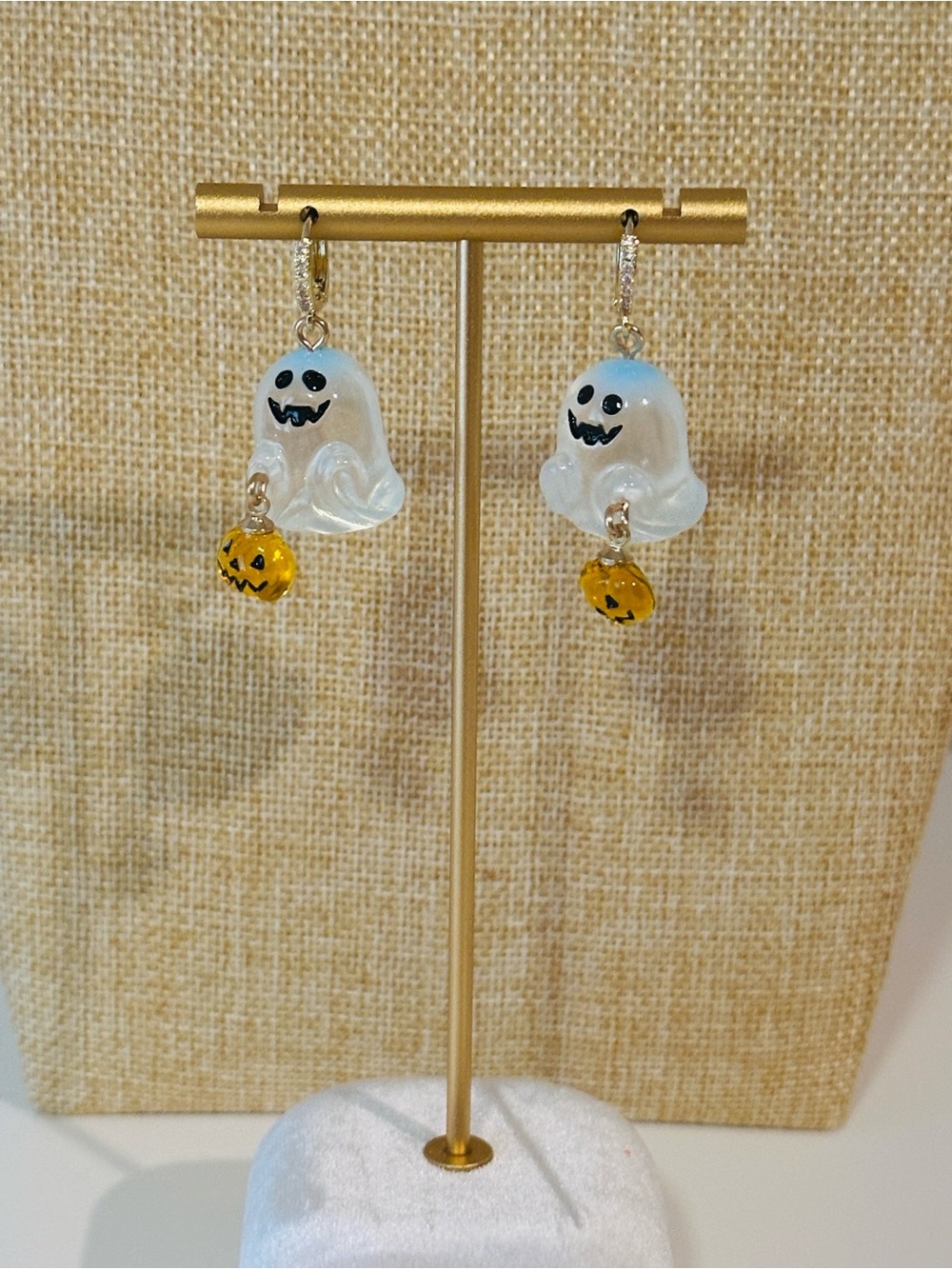 Fashion Jewelry White Hoop Dangle Ghost Earrings with Yellow Pumpkin Drops